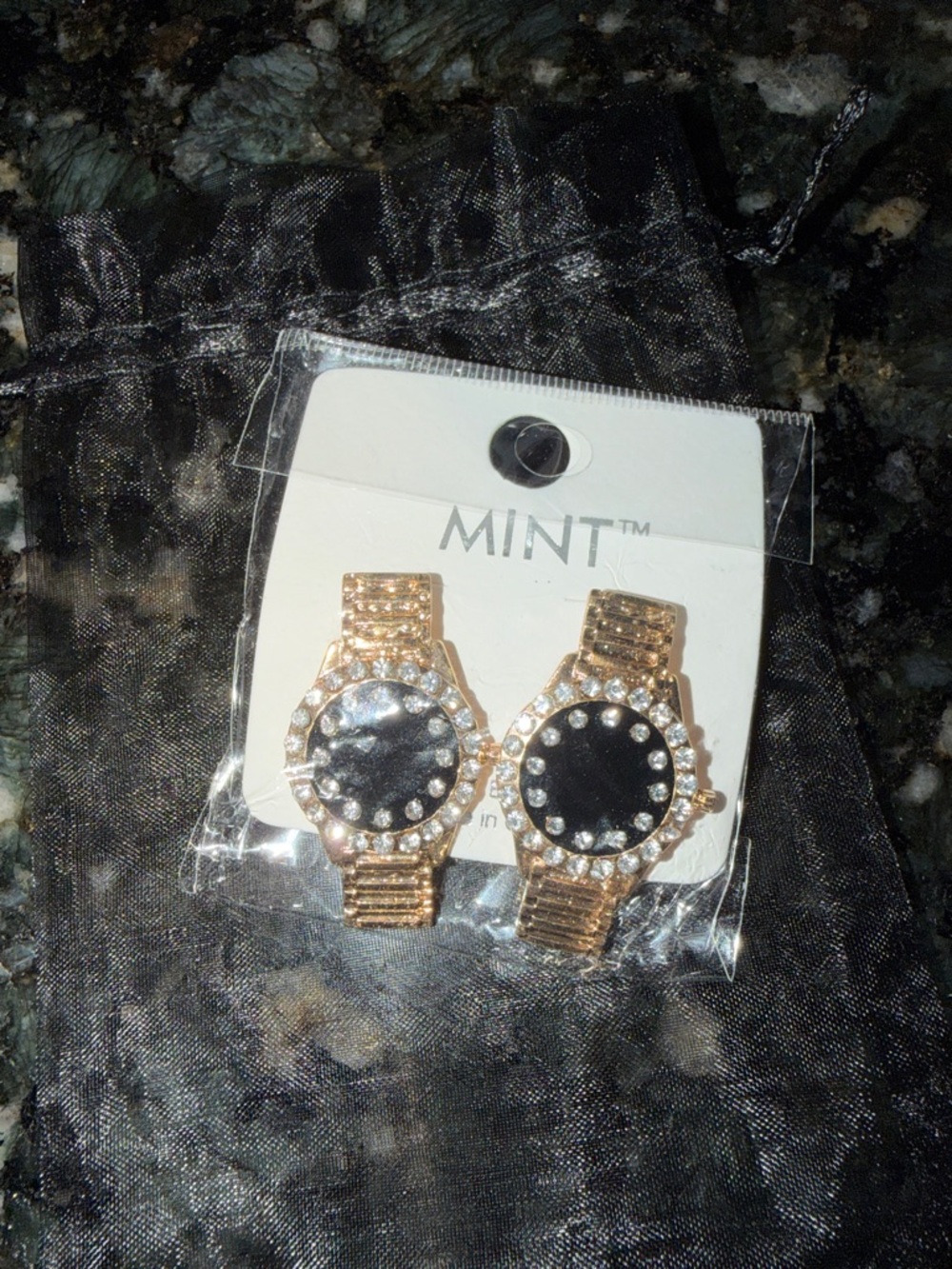 Mint Gold-Tone Watch Face Drop Earrings with Black Centers
